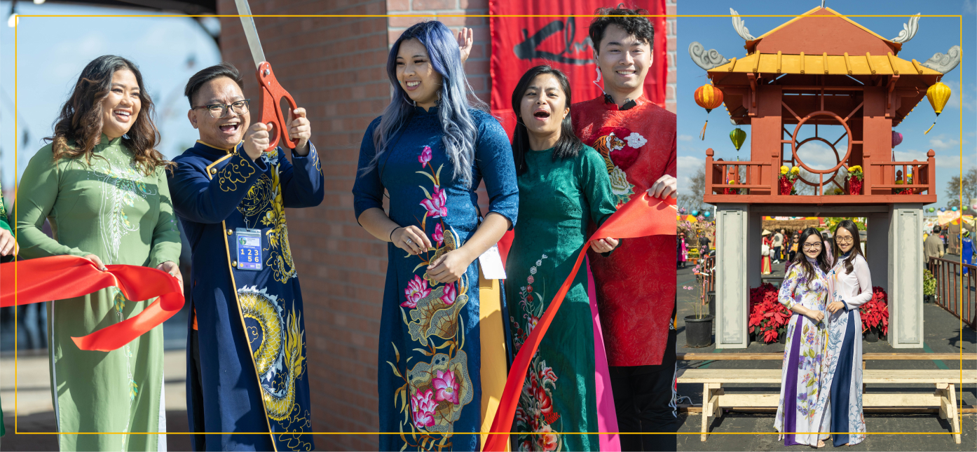 A group of people in traditional Asian attire participate in a ribbon-cutting ceremony, with architectural elements. A cultural or festive event in the background.