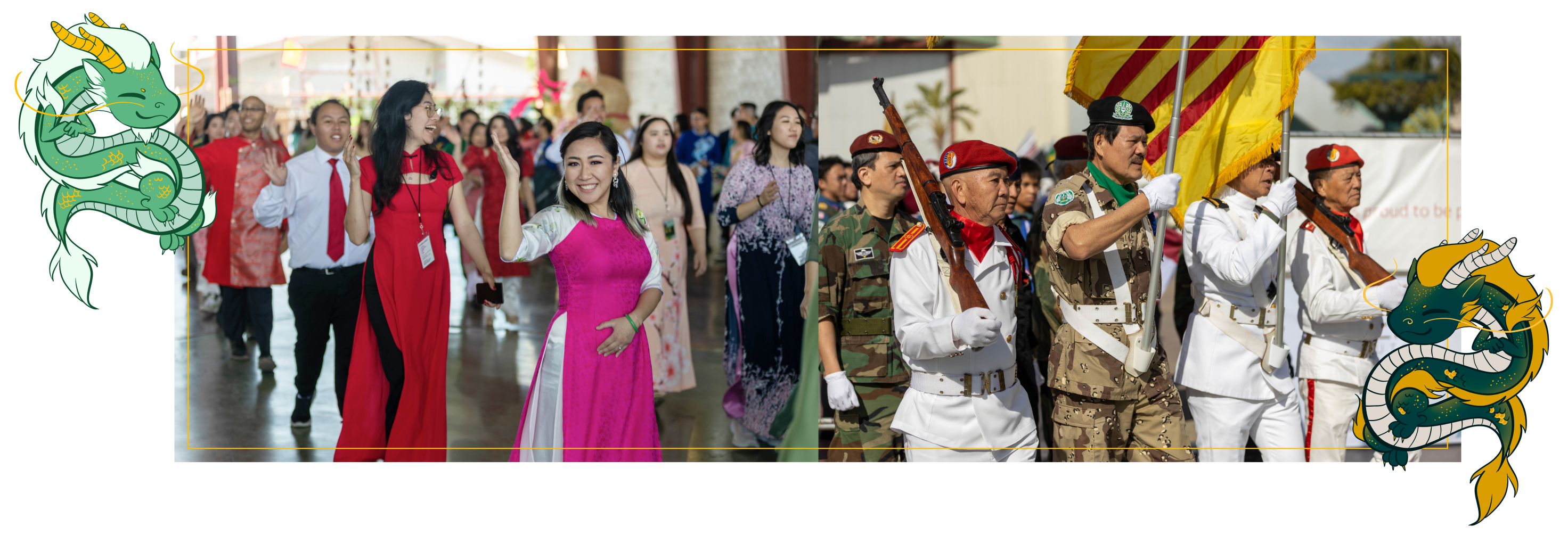 Participants in traditional Vietnamese attire dance and march in a procession, with military personnel in uniform carrying flags. A cultural or national celebration.